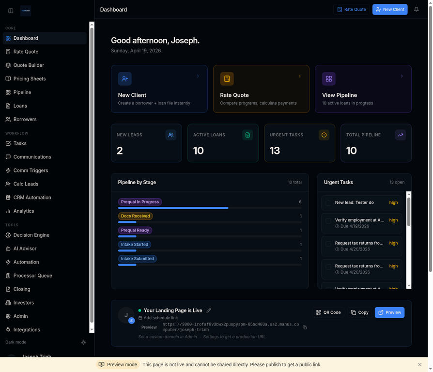 Lumvexor MortgageOS Dashboard